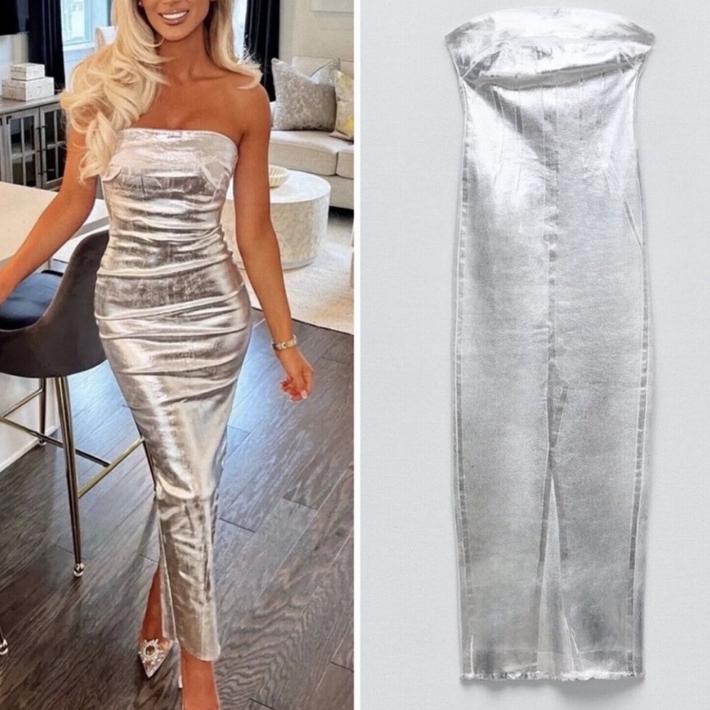 Zara ZW Fitted Silver Metallic Dress